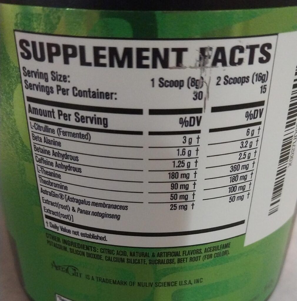 ingredients side of the bottle showing 1 vs 2 scoop dosage