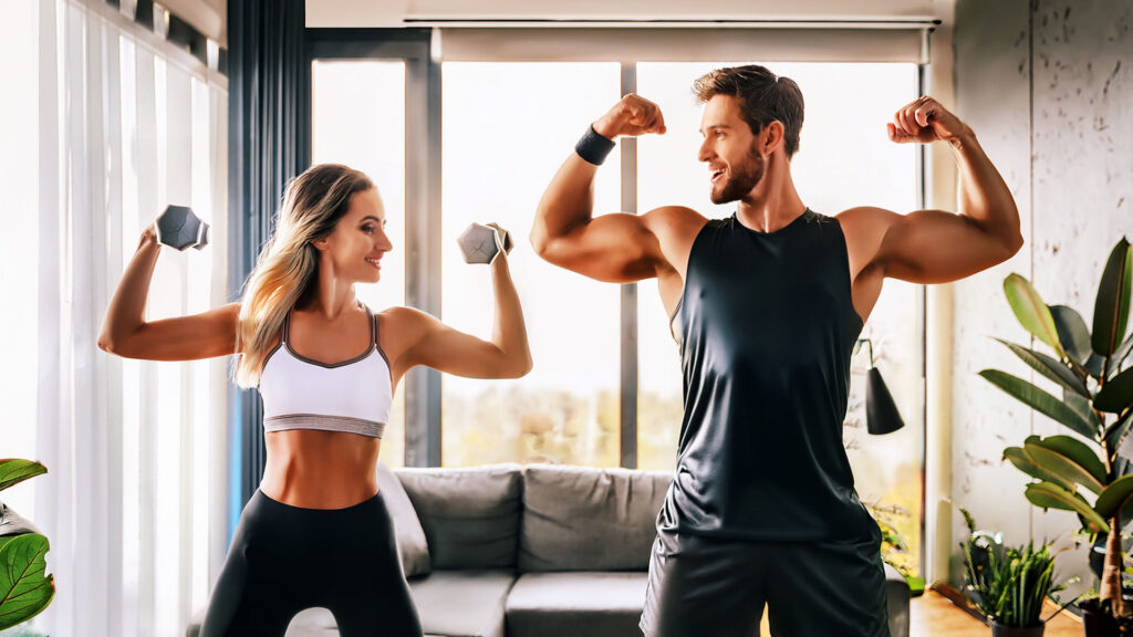 A couple exercising at home as part of their summer body workout routine