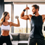 A couple exercising at home as part of their summer body workout routine